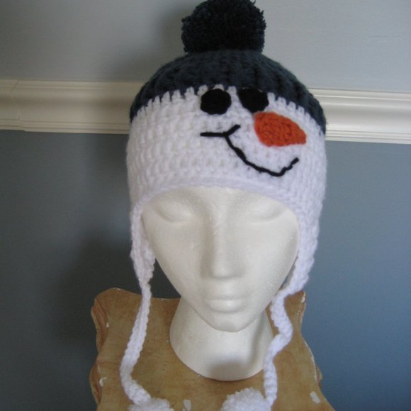 Navy Blue Snowman Hand Knit Hat / Unisex Child / Earflaps, Ties, Pom Pom's -SALE - Picture 5 of 6